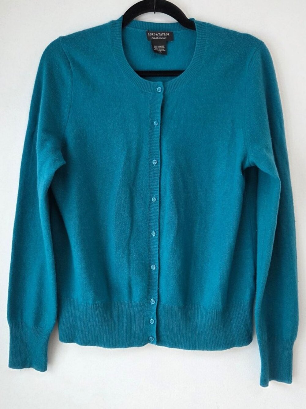 Lord & Taylor 100% Cashmere Teal Blue Cardigan Sweater Classic Women's L